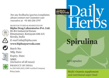 Spirulina supplement product label card with Daily Herbs branding and 60 capsules info.