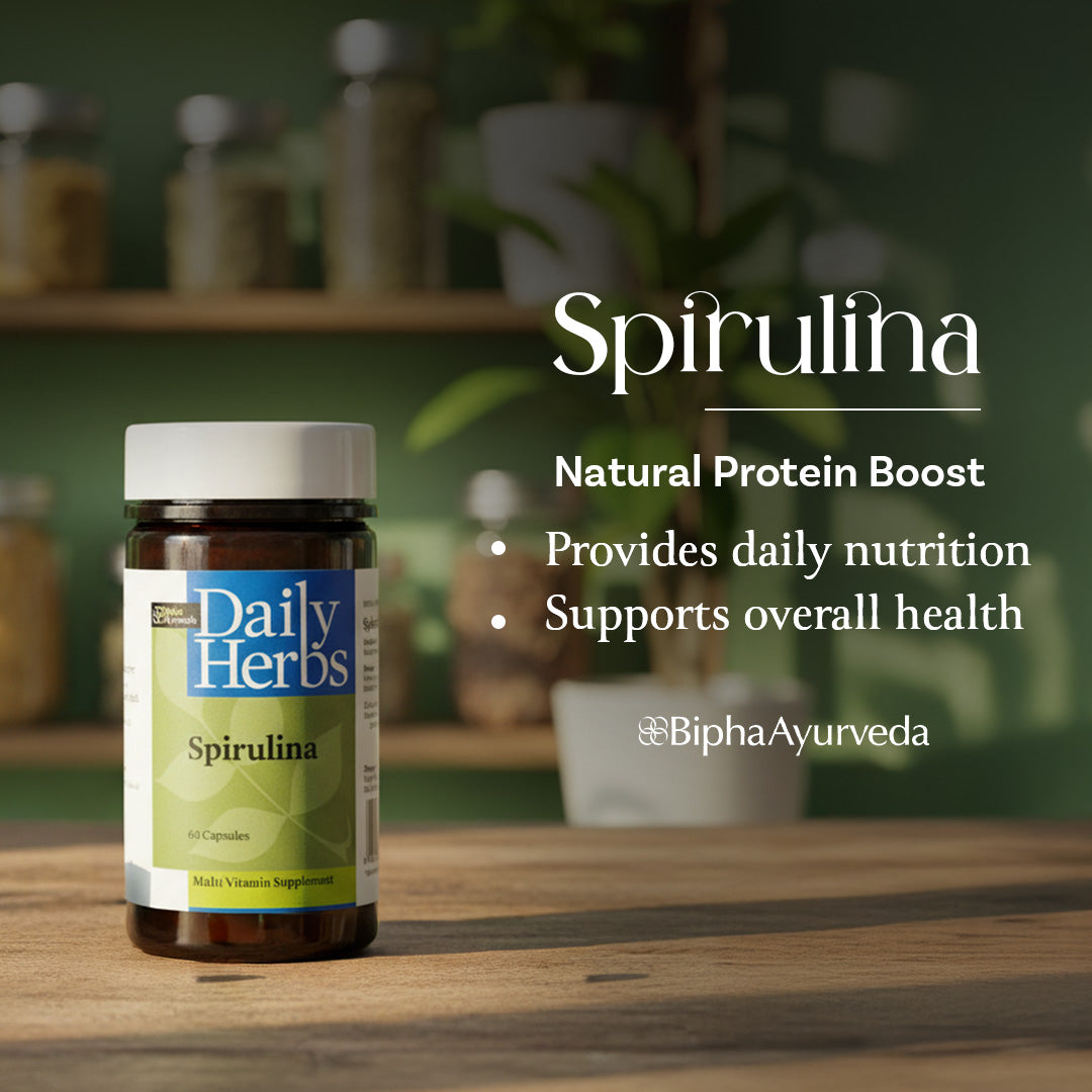 Spirulina supplement bottle with Daily Herbs label, Natural Protein Boost text on packaging.