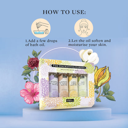 Bath oil gift set box with four mini bottles, displayed upright