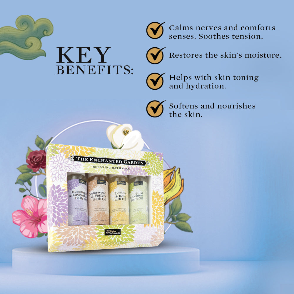 Bath oil gift set box with four mini bottles on display