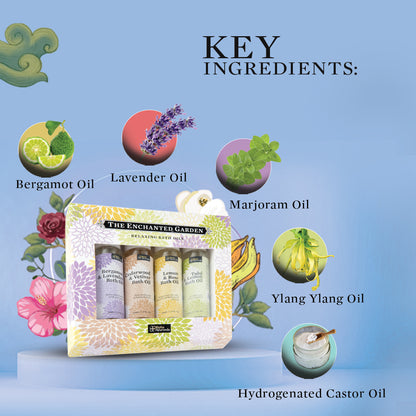 Bath oil gift set box with four mini bottles and labeled key ingredients