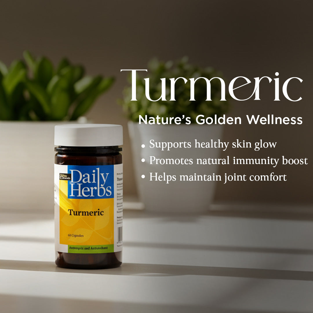 Daily Herbs turmeric supplement bottle with black cap and front label