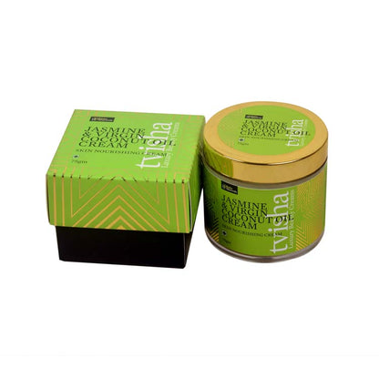 Skin nourishing cream jar with gold lid and matching green cream box