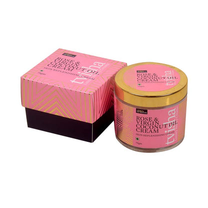 Rose & Virgin Coconut Oil cream jar and matching pink carton box, gold lids