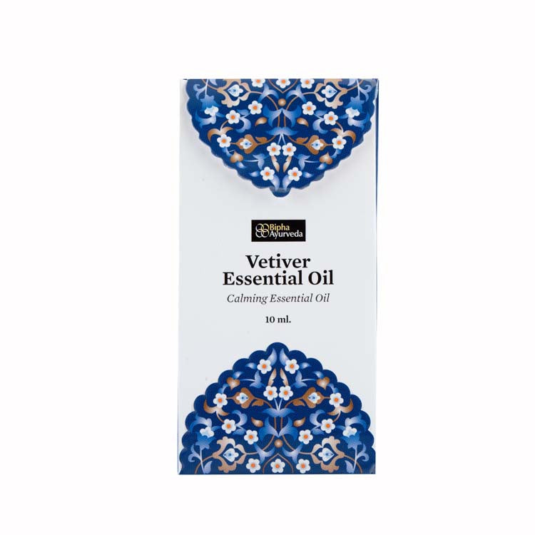 Vetiver essential oil box, blue floral design and 10 ml label