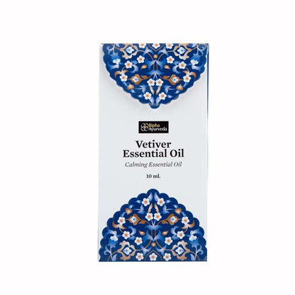 Vetiver essential oil box, blue floral design and 10 ml label