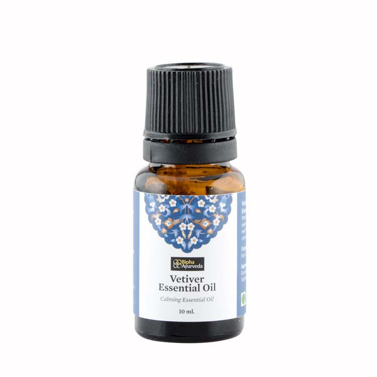 Vetiver essential oil bottle with black cap, blue label, 10 ml