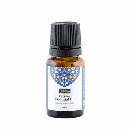 Vetiver essential oil bottle with black cap, blue label, 10 ml