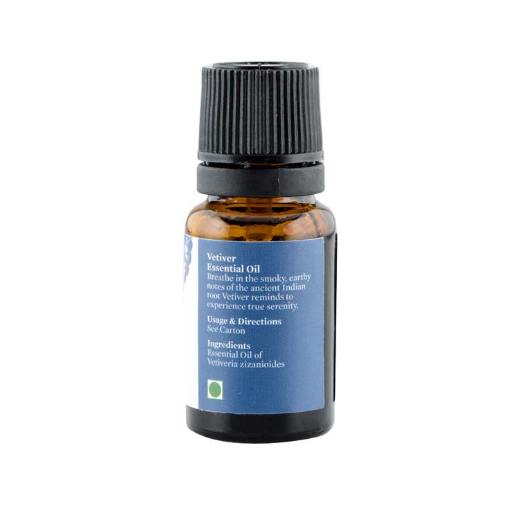 Vetiver essential oil bottle back label with usage info and ingredients