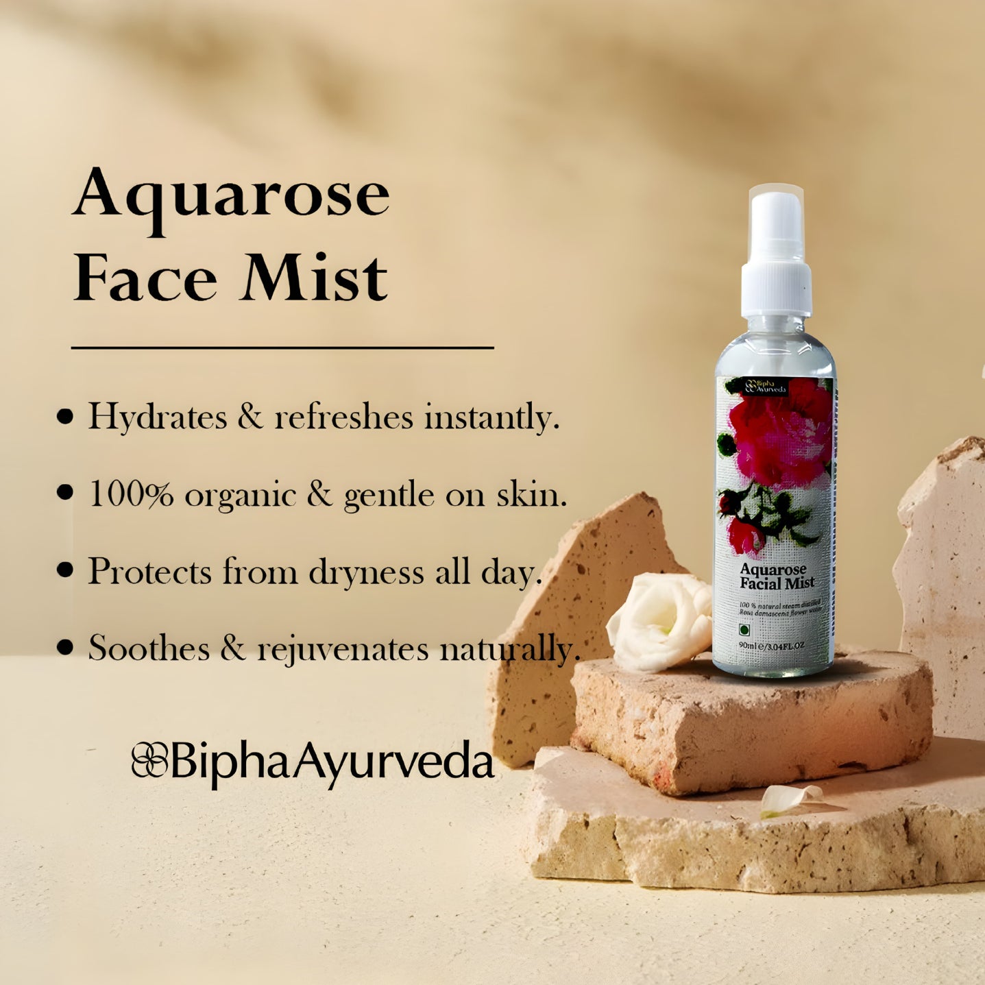 Facial mist spray bottle with rose graphic, clear liquid, white pump sprayer.