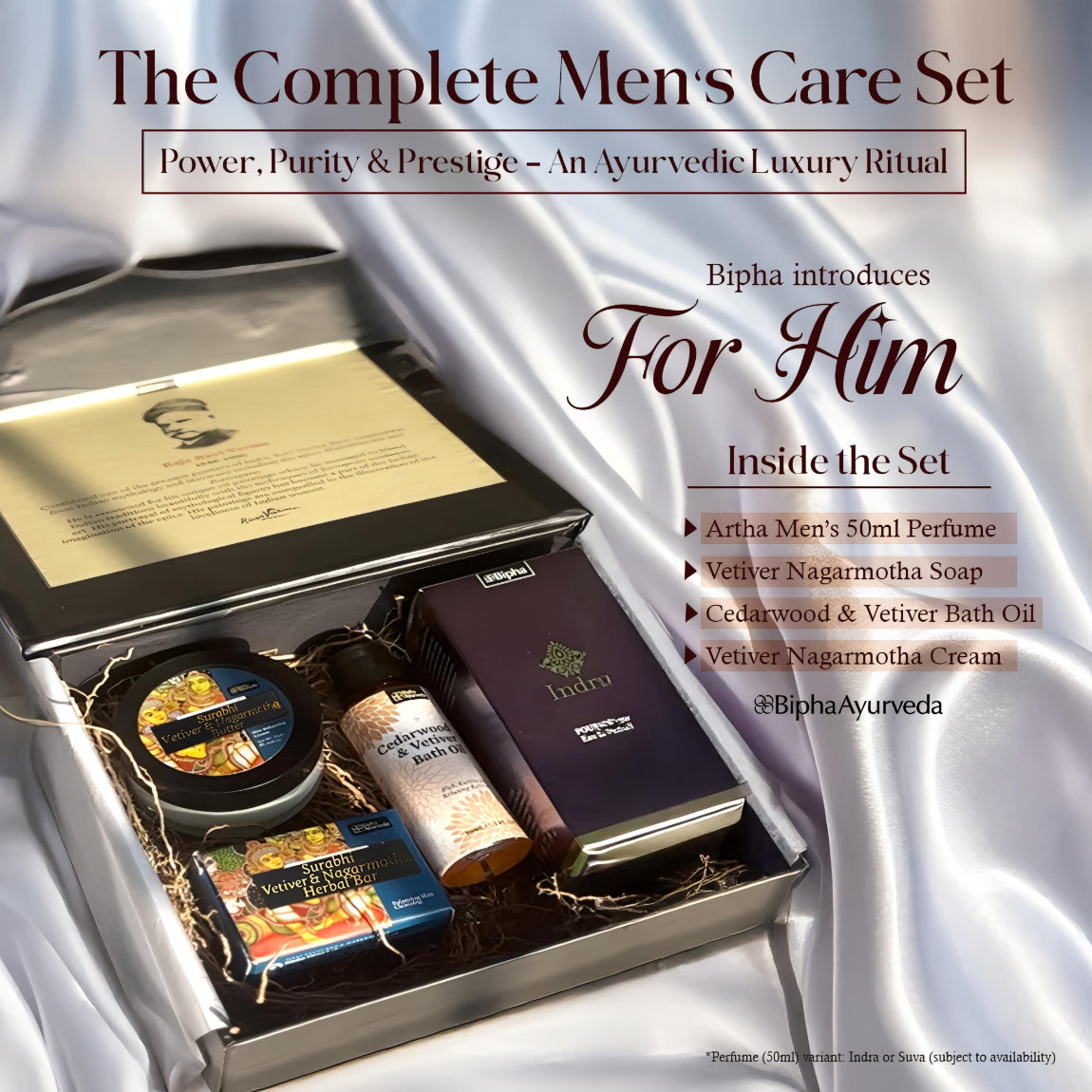 Men's grooming gift set in open box with perfume, soap, bath oil, and cream
