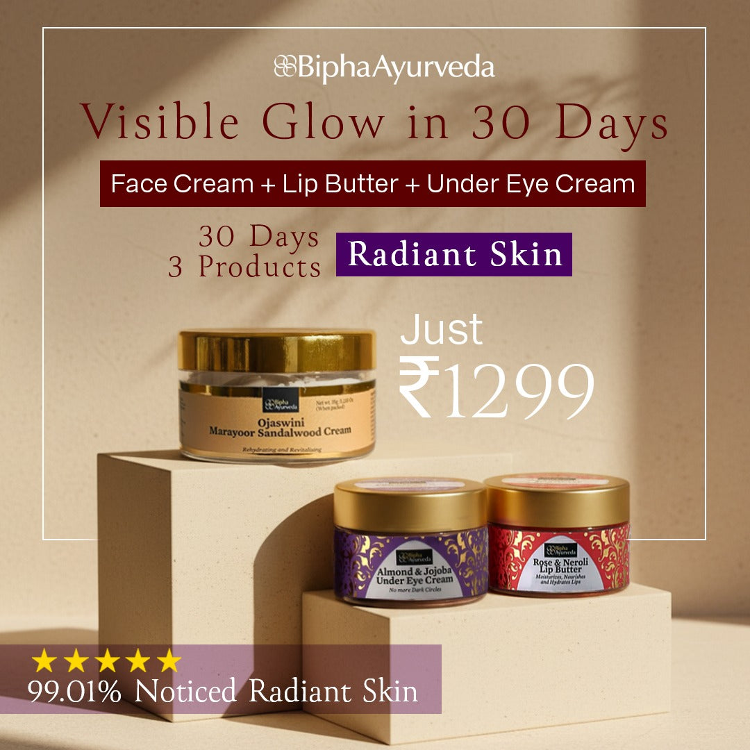 Day skincare cream set with gold-lidded jars and a lip butter jar on display