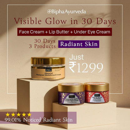 Day skincare cream set with gold-lidded jars and a lip butter jar on display