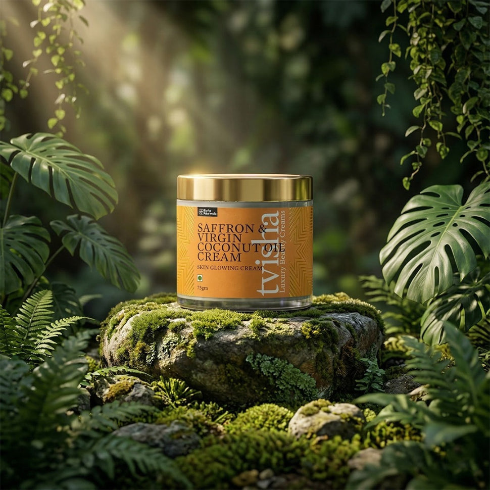 Saffron & virgin coconut oil night cream jar with gold lid, orange label