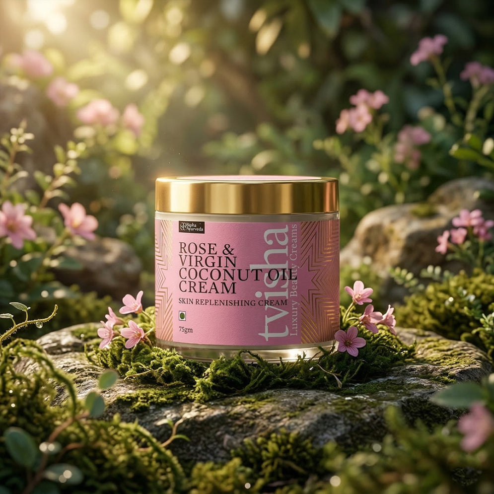 Rose & Virgin Coconut Oil cream jar with gold lid, purple-pink label, 75 gm