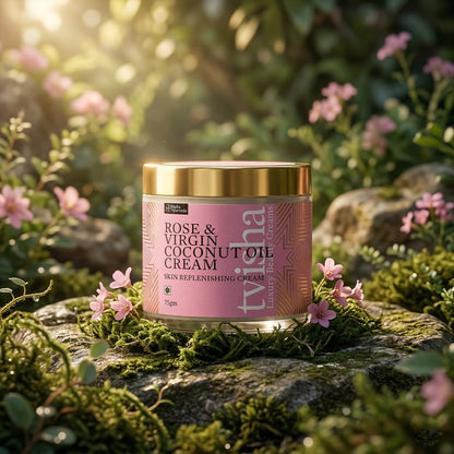 Rose & Virgin Coconut Oil cream jar with gold lid, purple-pink label, 75 gm