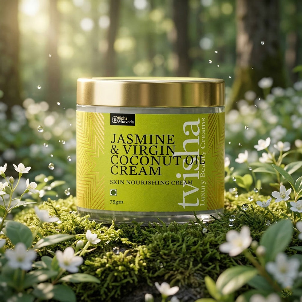 Skin nourishing cream jar with gold lid, green jasmine & coconut oil label
