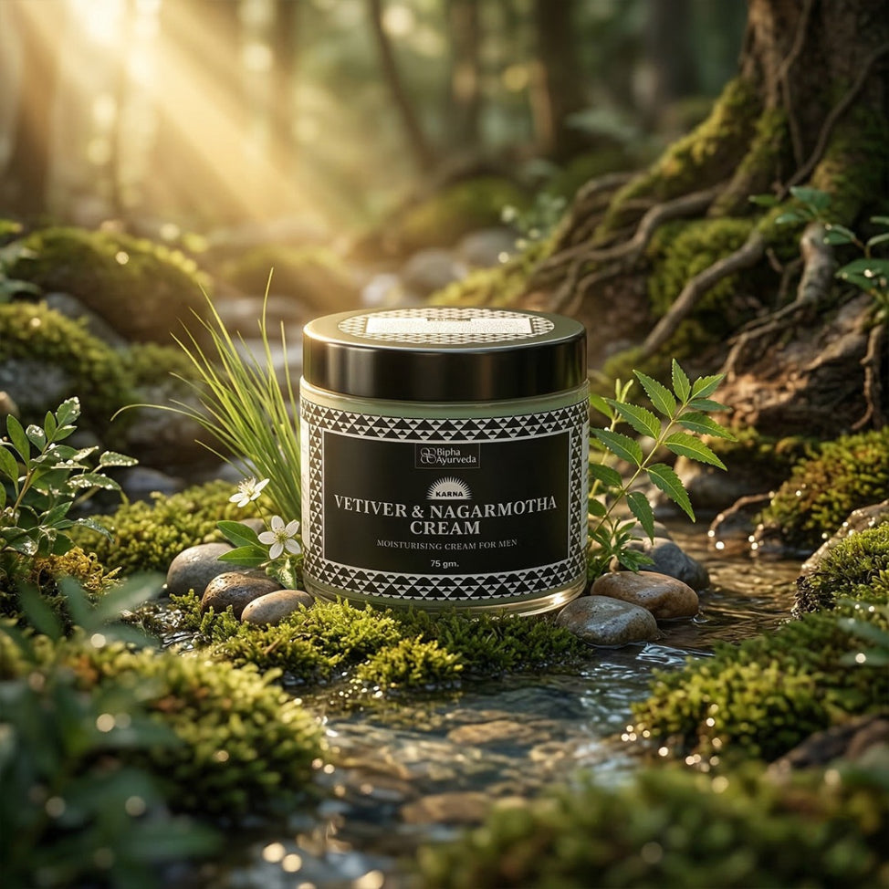 Vetiver & Nagarmotha cream jar with black lid and patterned front label