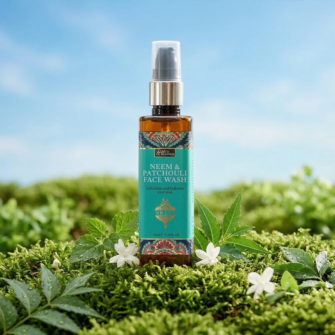 Neem & Patchouli face wash bottle with silver sprayer and teal label, 90 ml