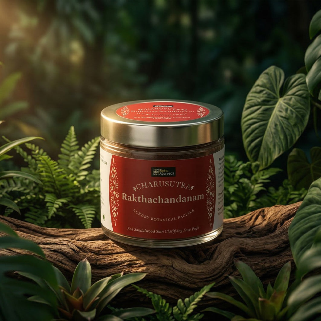 Charusutra Raktachandanam face pack jar with red label and silver lid