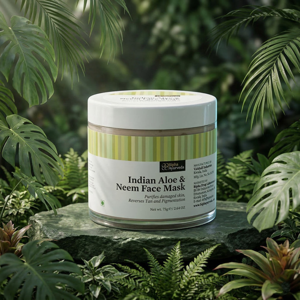 Aloe & neem face mask jar with white lid and green striped label band.