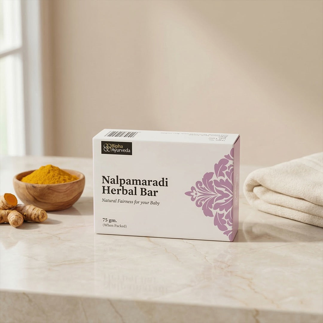Baby herbal bar box on countertop beside herbal bowls and spices, 75 g pack.