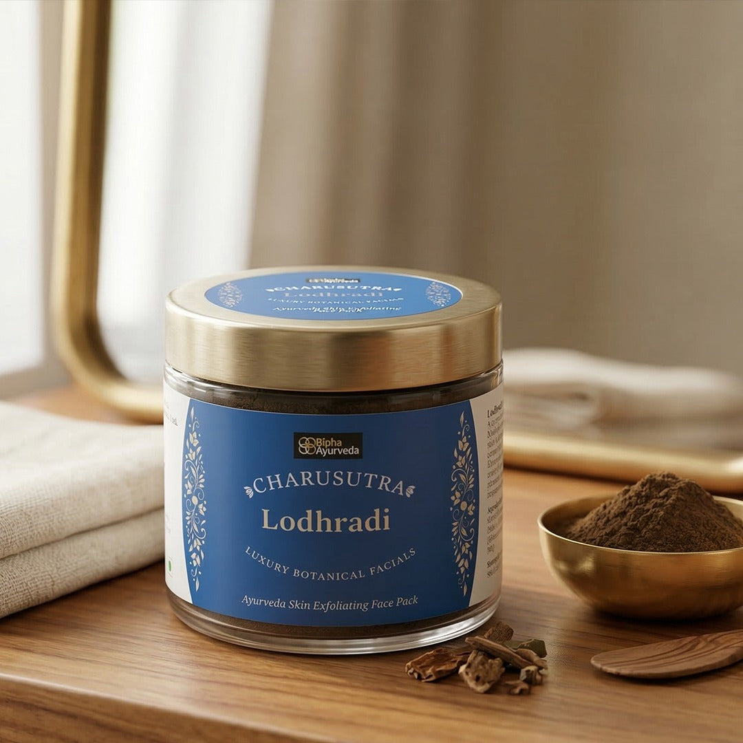 Ayurvedic face pack jar with bowl of brown powder and wooden spoon