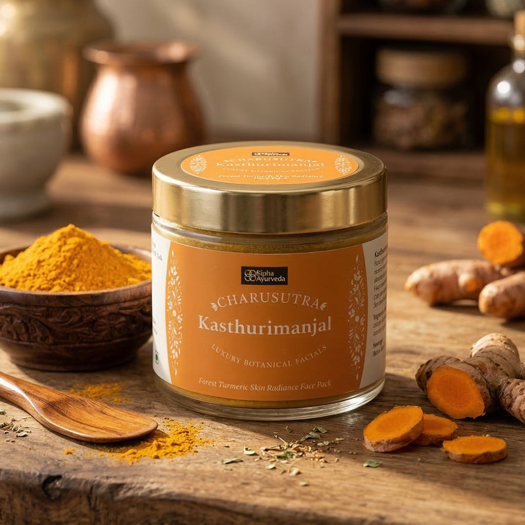 Herbal face pack jar with turmeric powder and root pieces