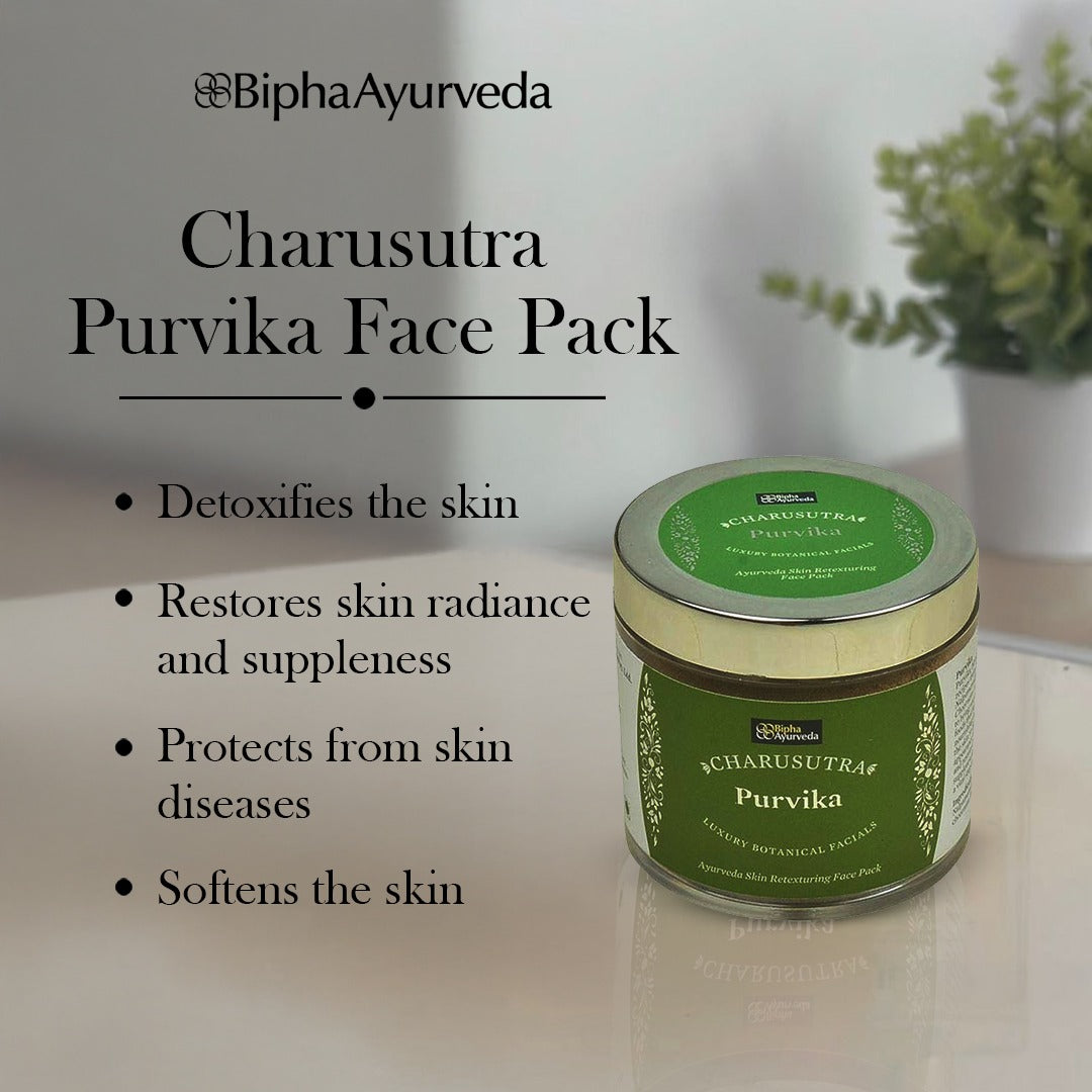 Charusutra Purvika face pack jar with green lid and front label