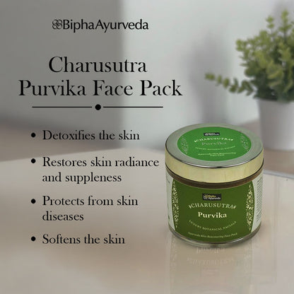 Charusutra Purvika face pack jar with green lid and front label