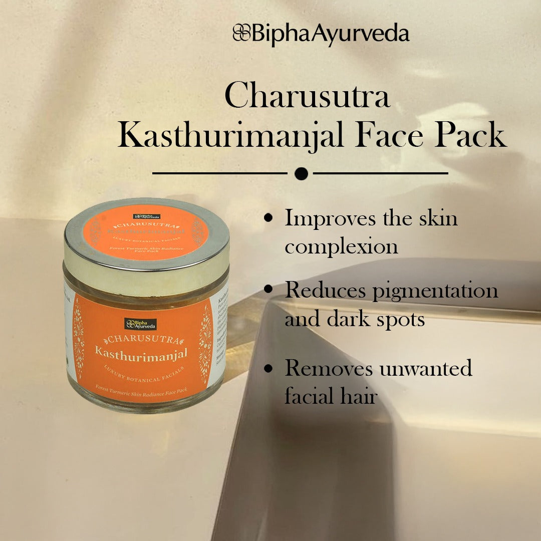 Charusutra Kasthurimanjal face pack jar shown with product text layout