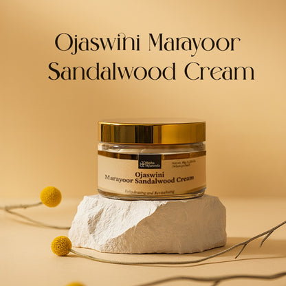 Ojaswini sandalwood cream jar with gold lid