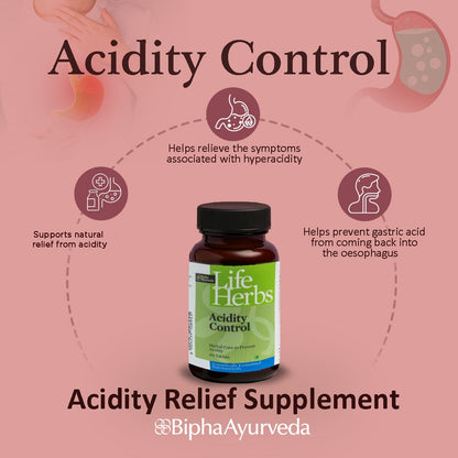 Acidity Control relief supplement bottle with Life Herbs logo on info card
