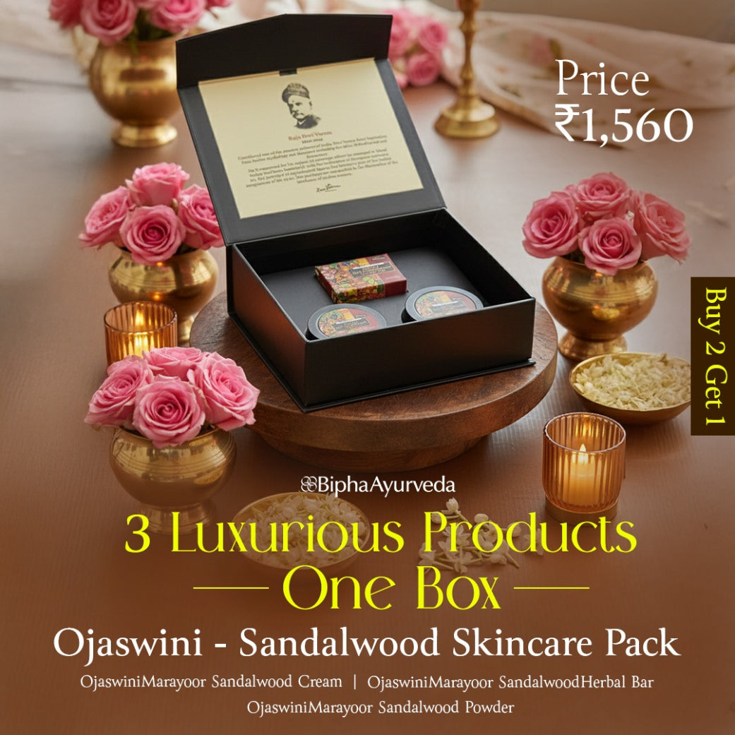 Ojaswini sandalwood skincare gift box with assorted bar and powder items