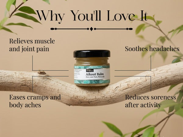 Aikout Pain Balm for Joint pain aches & sprains. Made with natural plant butters & pure herbs. Free from synthetic colours & fragrances 20 gm