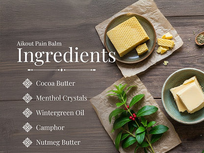 Aikout Pain Balm for Joint pain aches & sprains. Made with natural plant butters & pure herbs. Free from synthetic colours & fragrances 20 gm