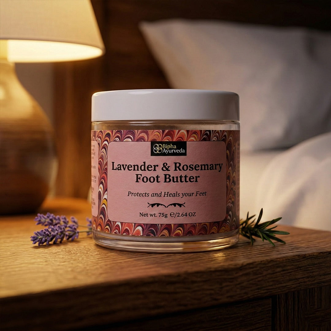 Lavender and rosemary foot butter jar on wood table with purple flowers