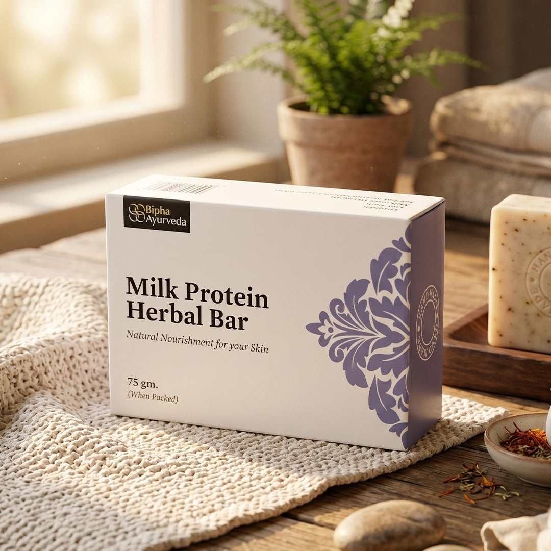 Milk protein herbal bar box with blue floral, plus soap-like bar piece