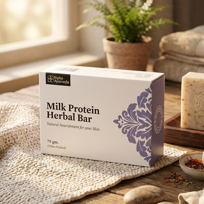 Milk protein herbal bar box with blue floral, plus soap-like bar piece
