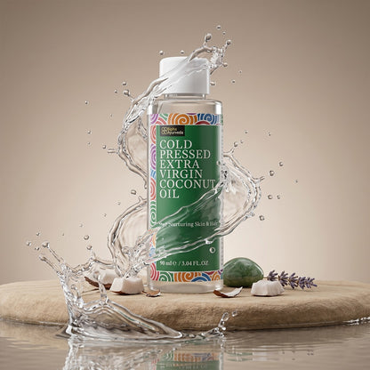 Coconut oil bottle with water splash and coconut pieces
