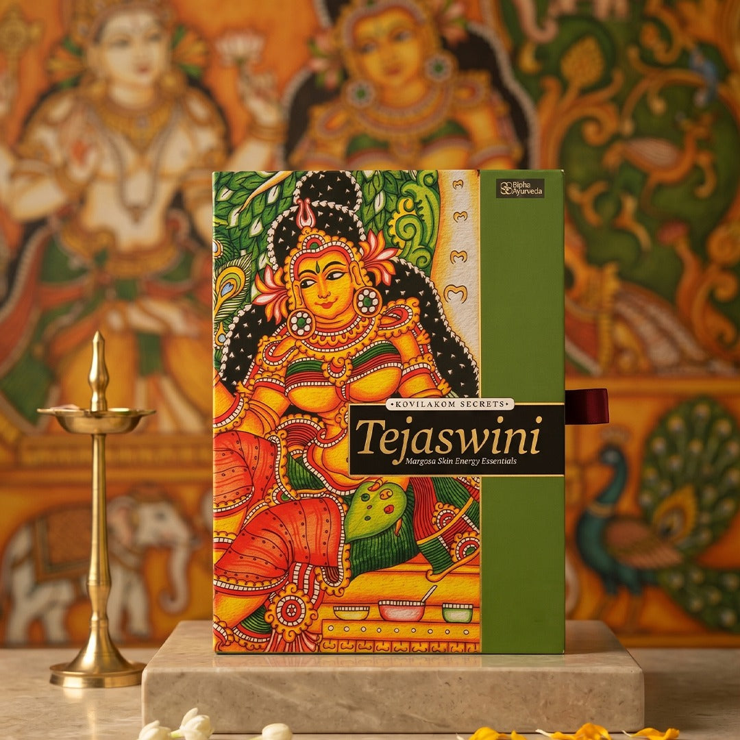 Tejaswini gift pack box with green background and ornate goddess illustration