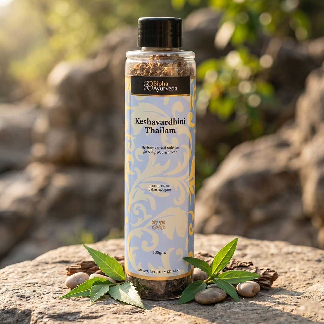 Herbal scalp nourishment bottle with black cap on stone with green leaves