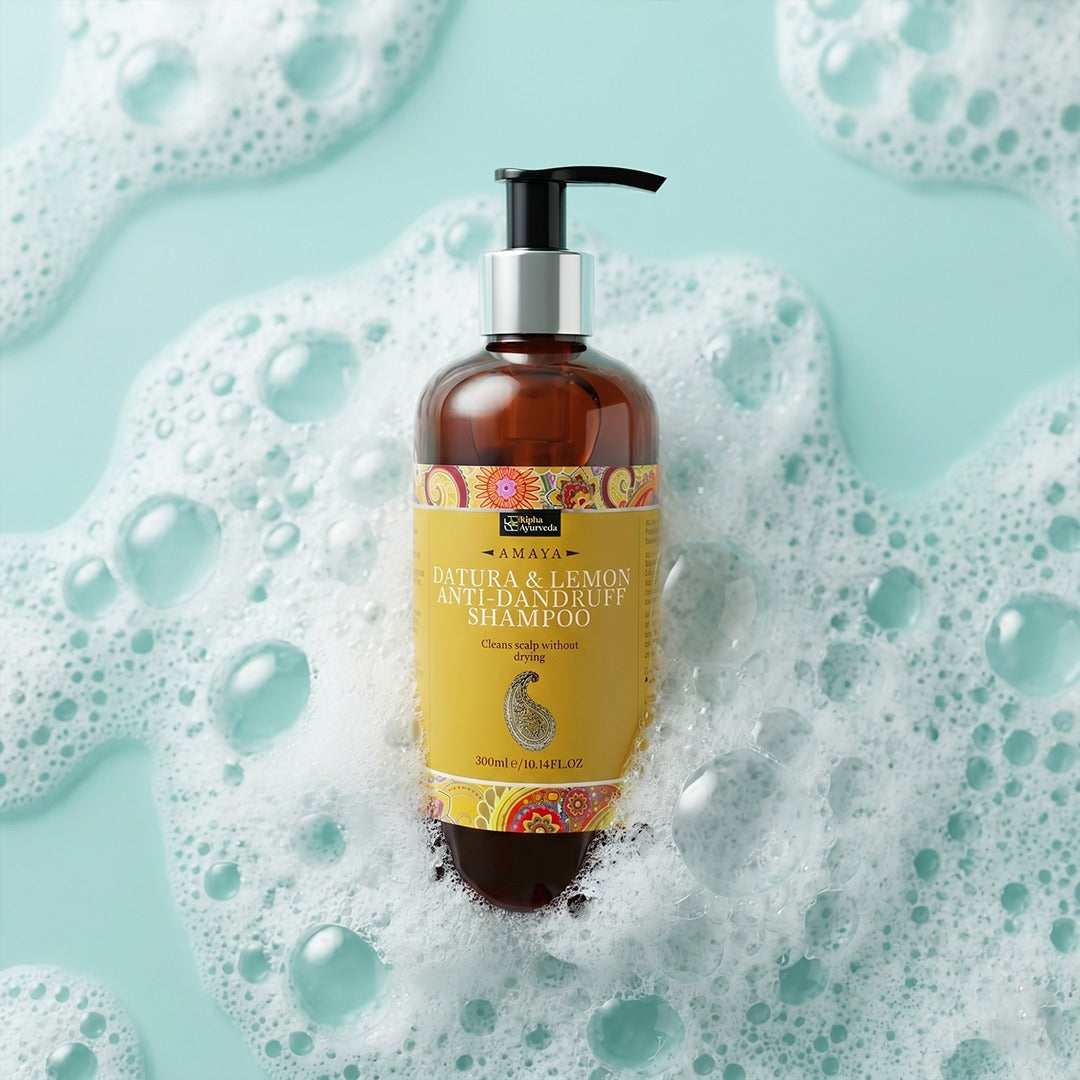 AMAYA anti-dandruff shampoo bottle in foamy bubbles, silver pump