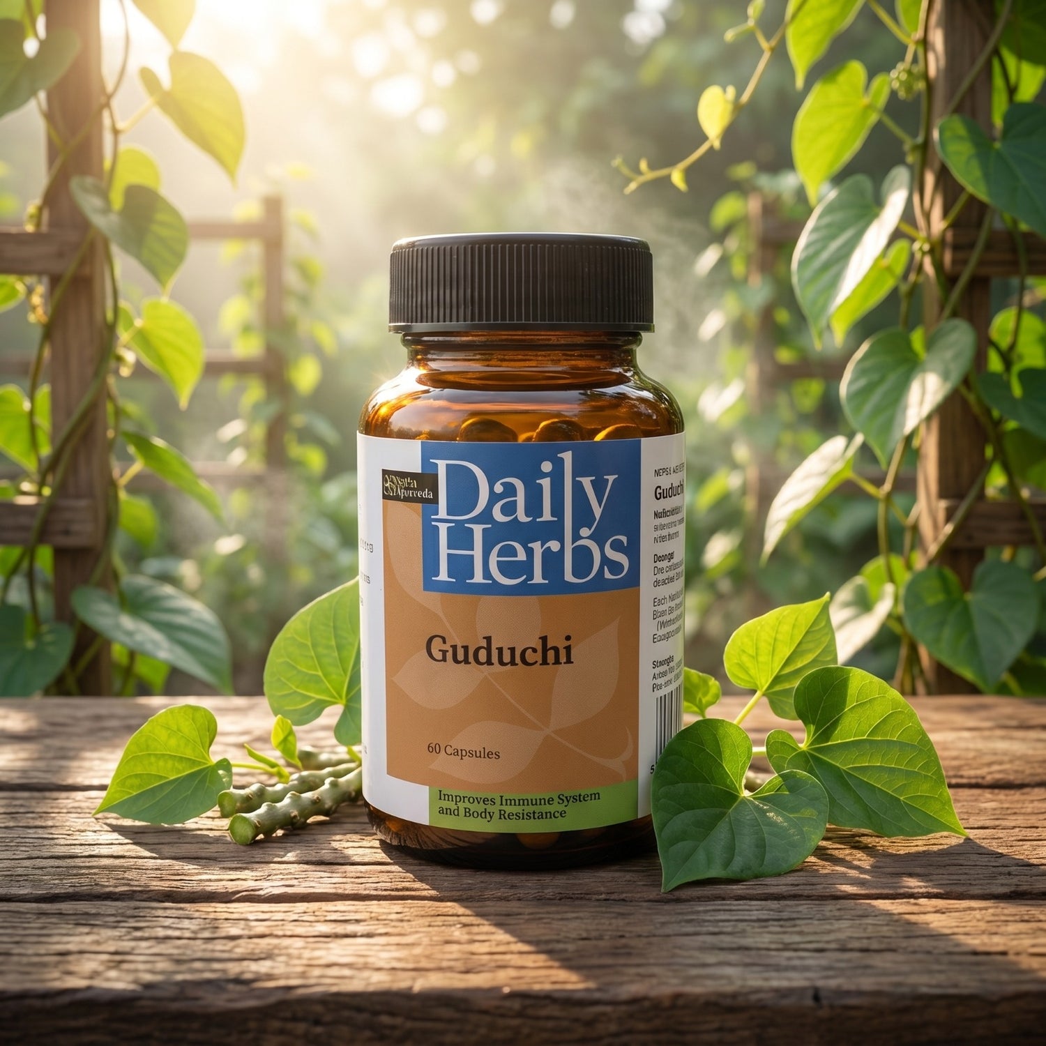 Herbal supplement bottle labeled Daily Herbs Guduchi, 60 capsules, black screw cap.
