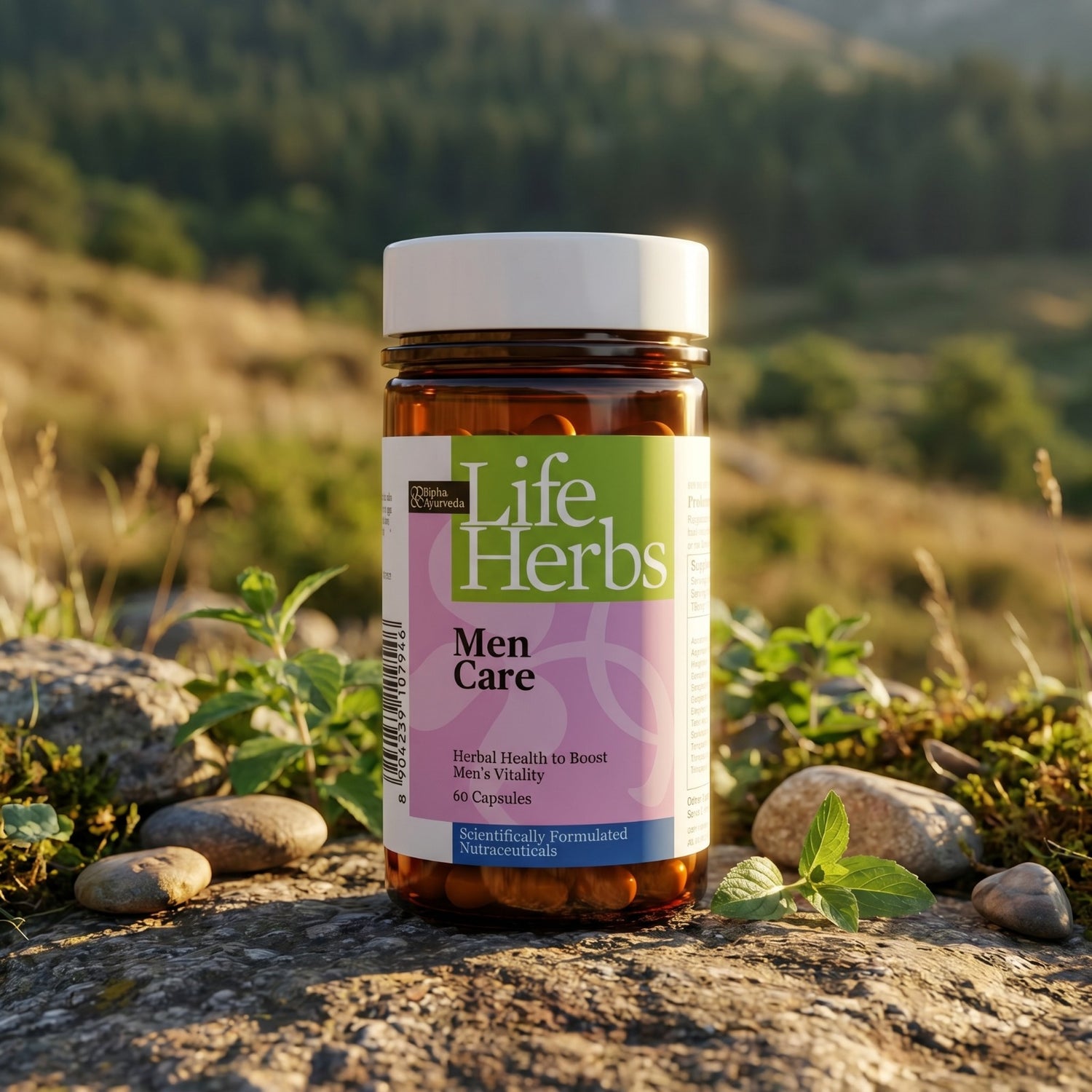 Men Care herbal supplement bottle with Life Herbs label on amber jar and white cap