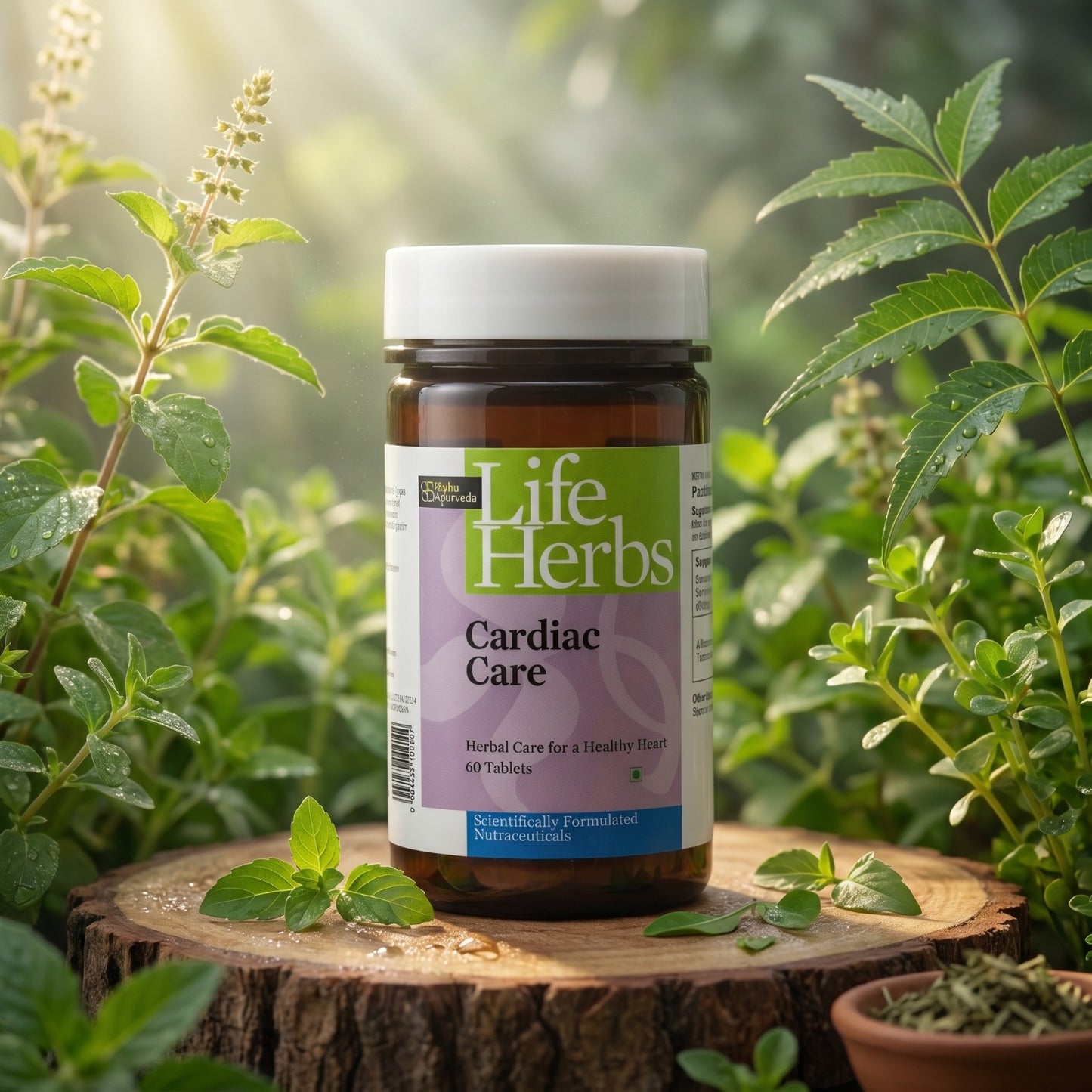 Cardiac Care herbal supplement tablets bottle with Life Herbs label on a wooden base