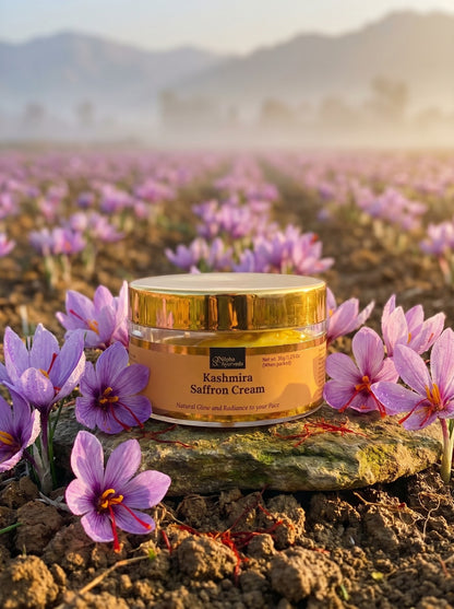 Saffron night cream jar with gold lid surrounded by purple flowers