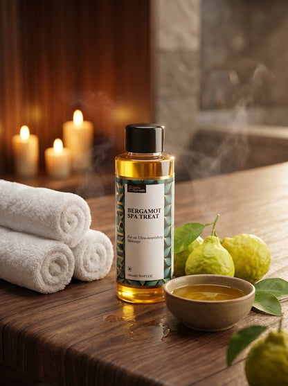 Massage oil bottle with amber liquid, black cap, and green label