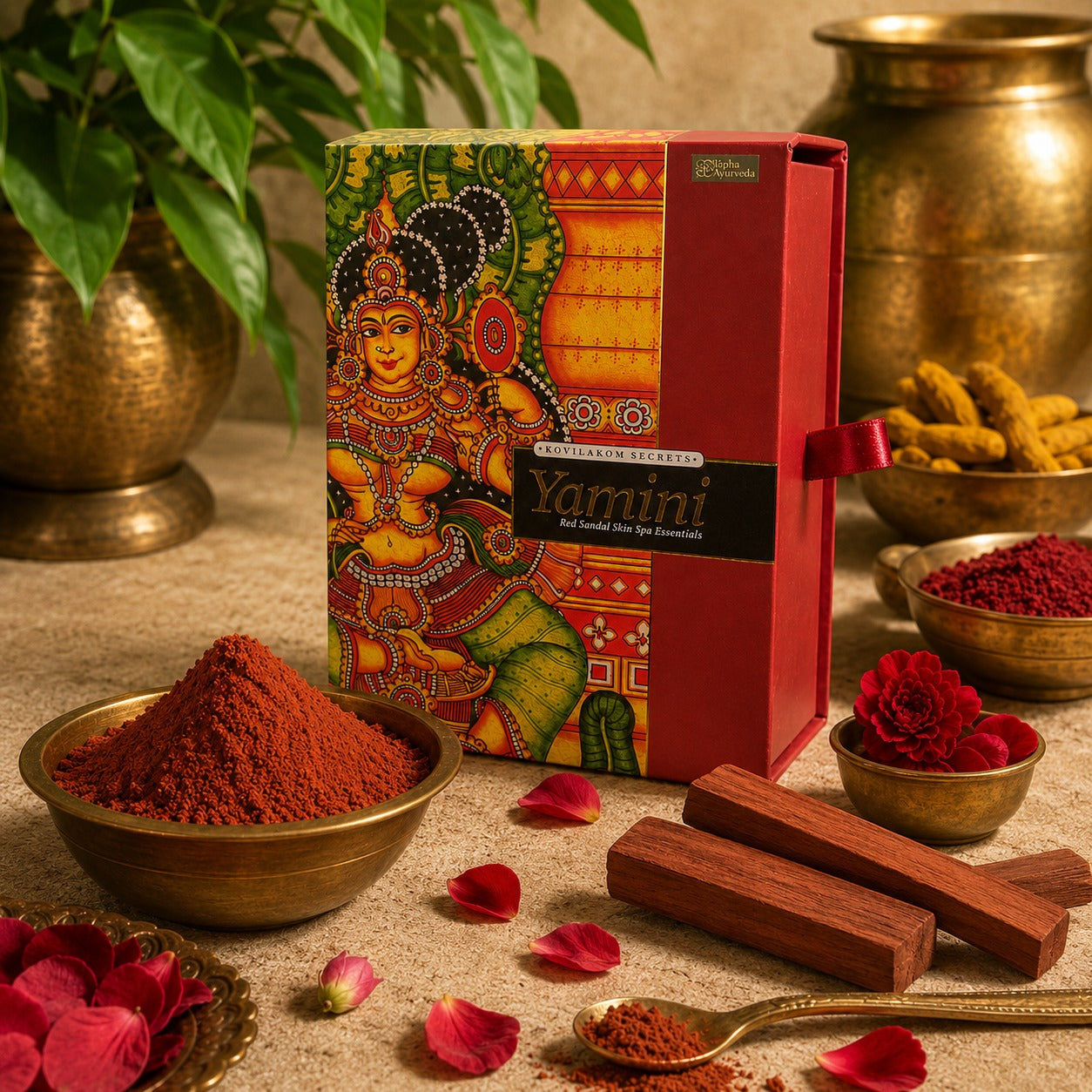 Yamini red sandalwood skin essentials box with colorful goddess artwork and red band