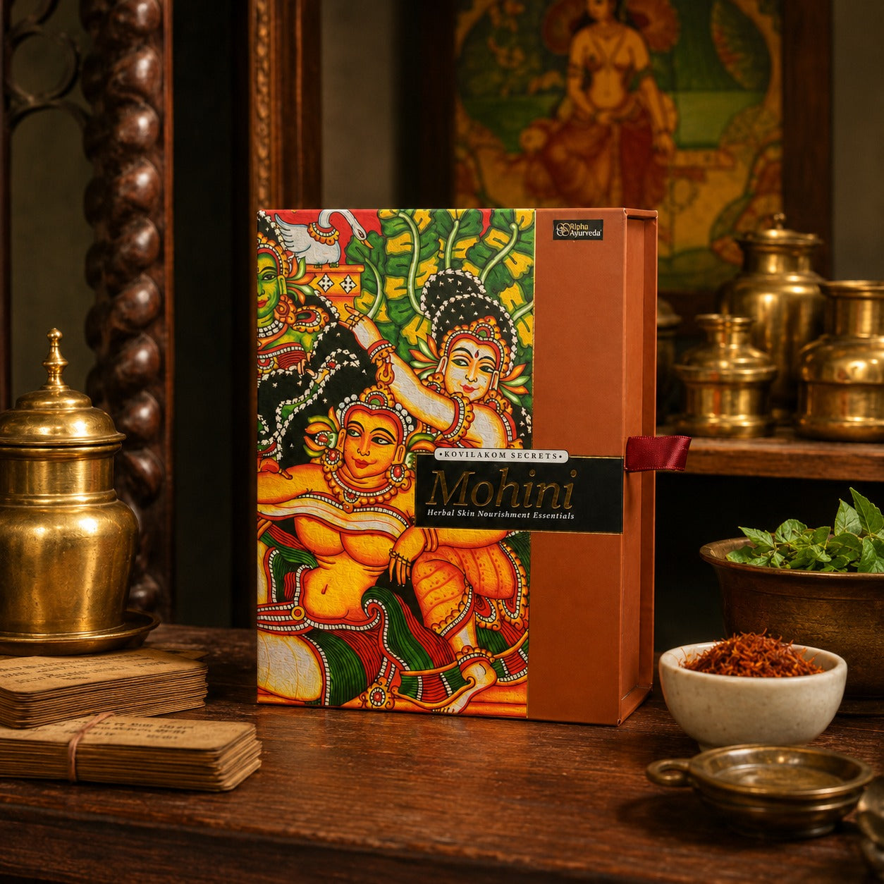 Face cream gift pack box with colorful deity print and burgundy side ribbon